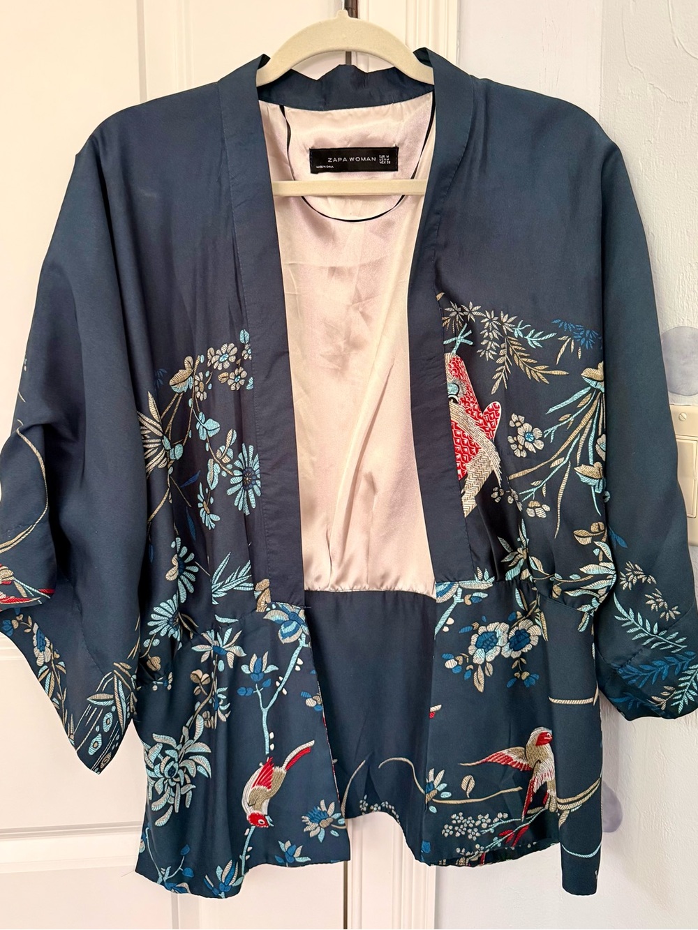 Zara Navy Floral & Bird Embroidered Kimono Jacket